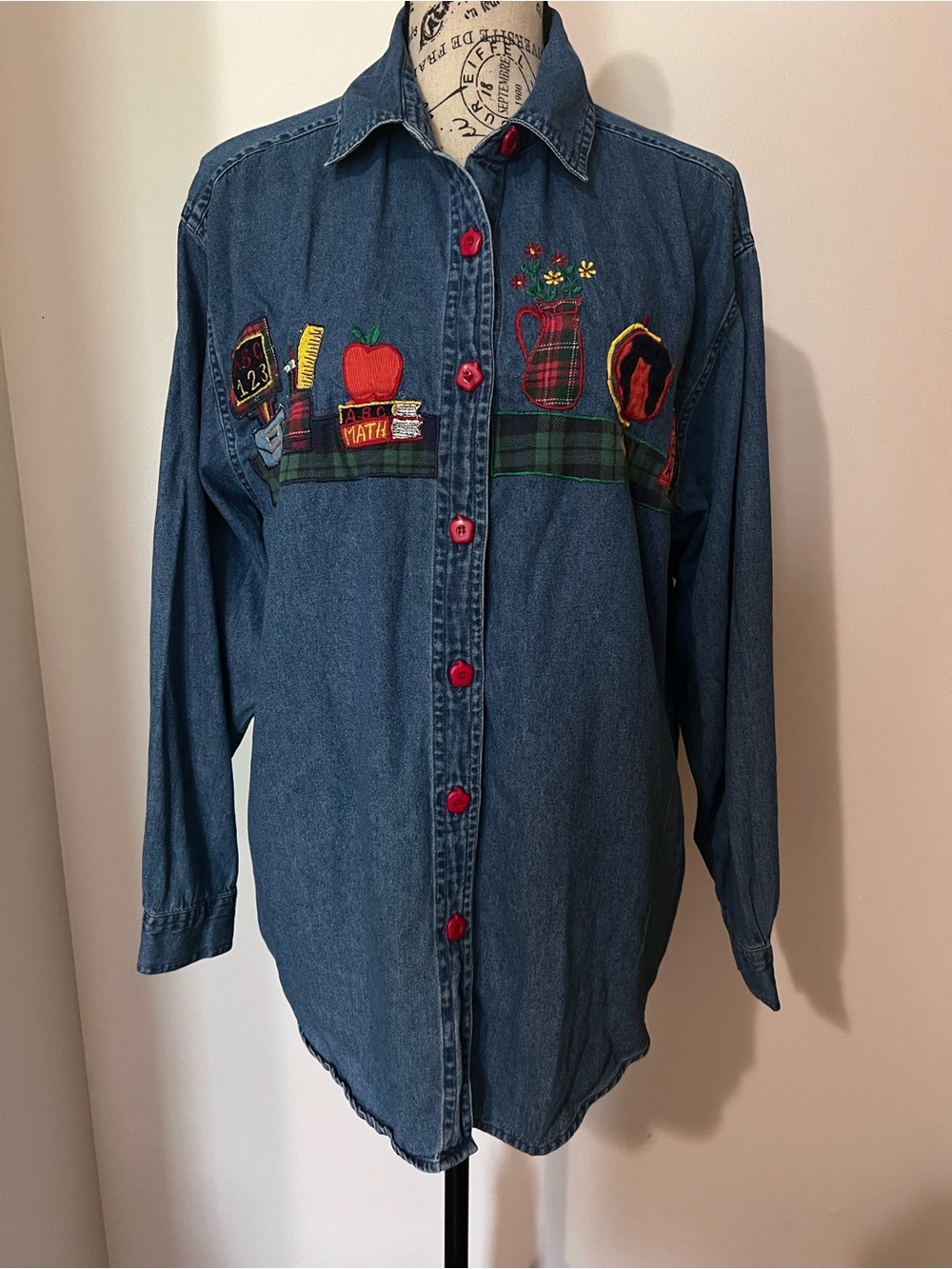 Vintage Tantrum Blues Teacher Denim Shirt Medium Embroidered Apple Buttons